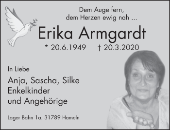 Traueranzeige von Erika Armgardt von Deister- und Weserzeitung