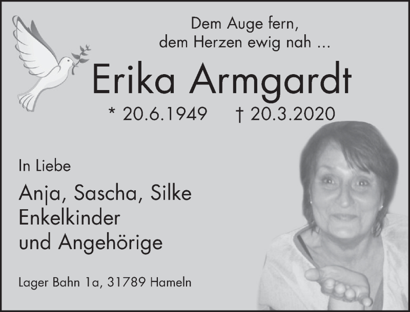  Traueranzeige für Erika Armgardt vom 28.03.2020 aus Deister- und Weserzeitung