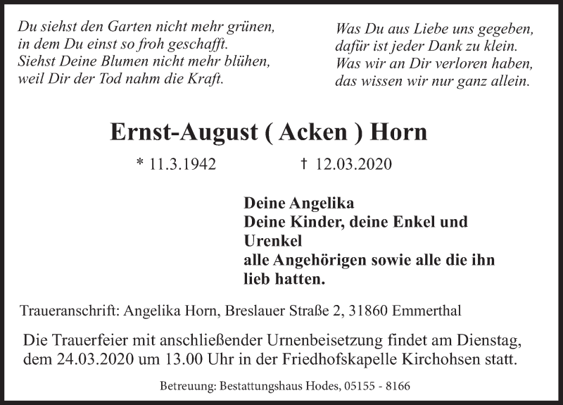  Traueranzeige für Ernst-August Horn vom 14.03.2020 aus Deister- und Weserzeitung