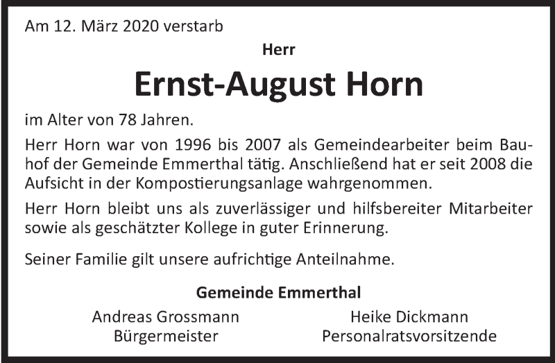  Traueranzeige für Ernst-August Horn vom 19.03.2020 aus Deister- und Weserzeitung