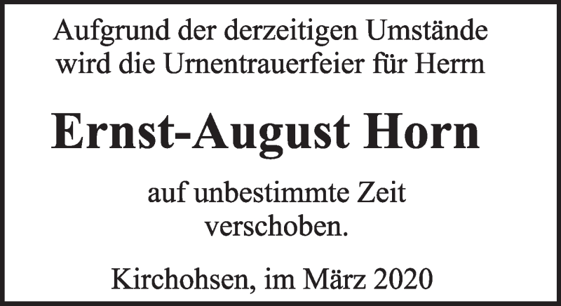  Traueranzeige für Ernst-August Horn vom 21.03.2020 aus Deister- und Weserzeitung