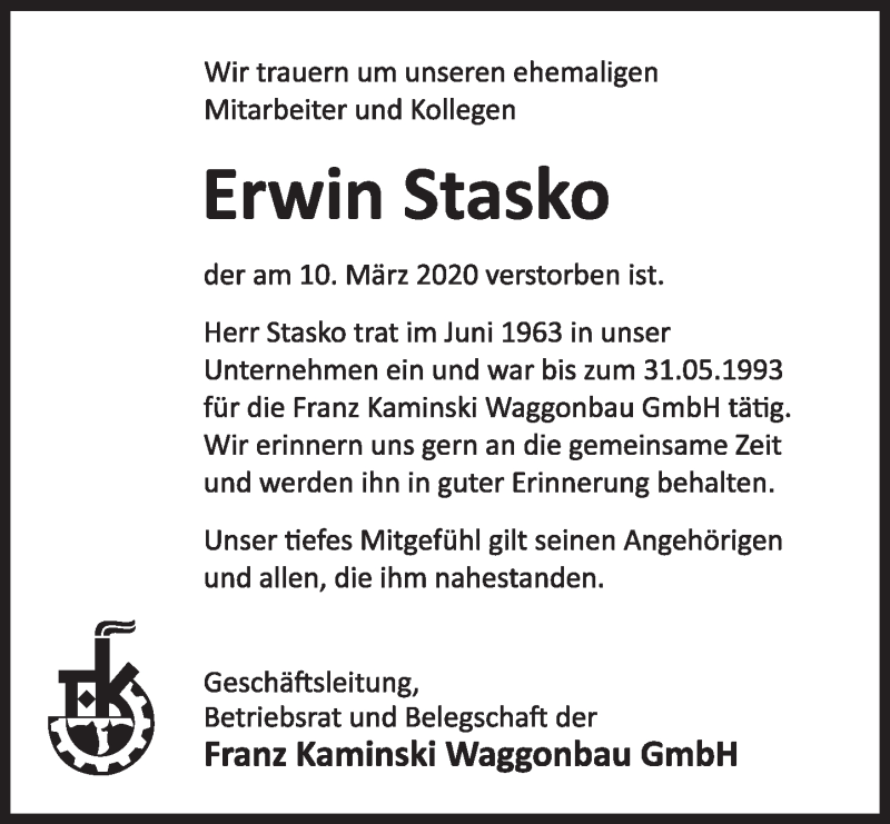  Traueranzeige für Erwin Stasko vom 14.03.2020 aus Deister- und Weserzeitung