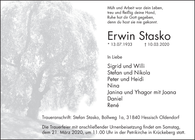  Traueranzeige für Erwin Stasko vom 14.03.2020 aus Deister- und Weserzeitung