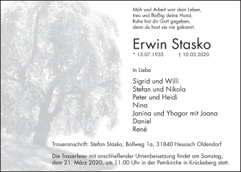Traueranzeige von Erwin Stasko von Deister- und Weserzeitung