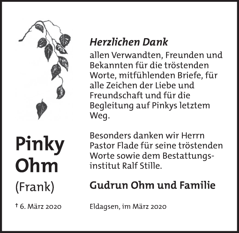  Traueranzeige für Frank Ohm vom 28.03.2020 aus Neue Deister-Zeitung