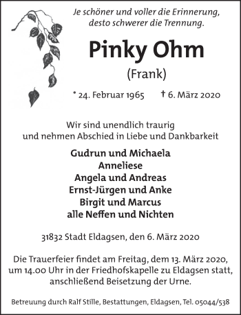 Traueranzeige von Frank Ohm von Neue Deister-Zeitung