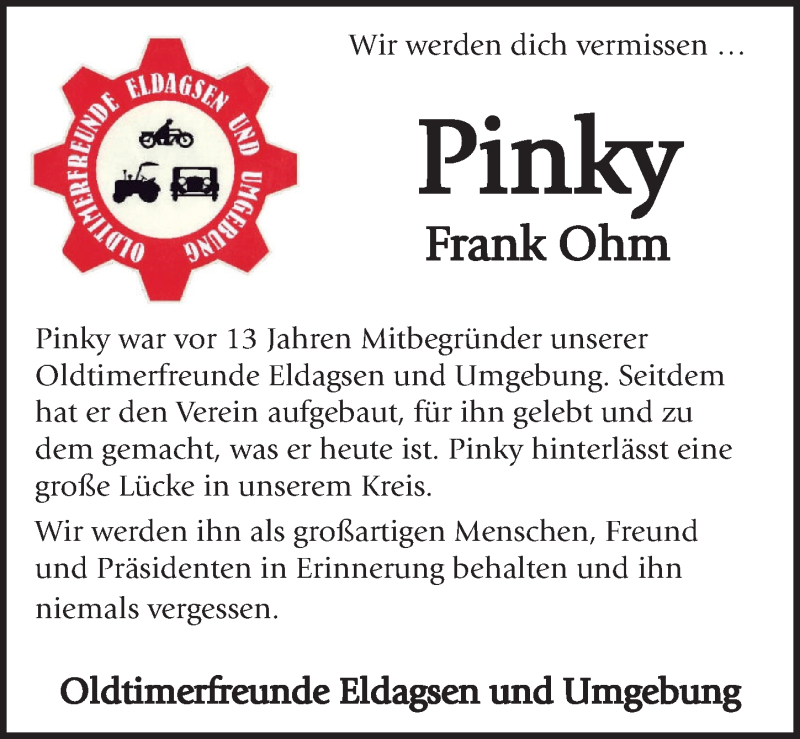 Traueranzeige für Frank Ohm vom 14.03.2020 aus Neue Deister-Zeitung