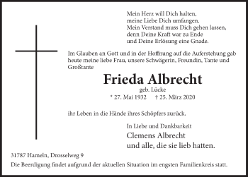 Traueranzeige von Frieda Albrecht von Deister- und Weserzeitung