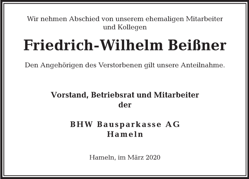  Traueranzeige für Friedrich-Wilhelm Beißner vom 20.03.2020 aus Deister- und Weserzeitung
