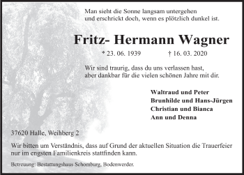 Traueranzeige von Fritz-Hermann Wagner von Deister- und Weserzeitung