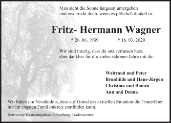 Traueranzeige von Fritz- Hermann Wagner von Deister- und Weserzeitung