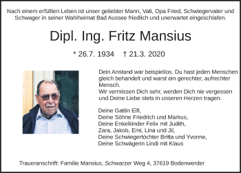 Traueranzeige von Fritz Mansius von Deister- und Weserzeitung