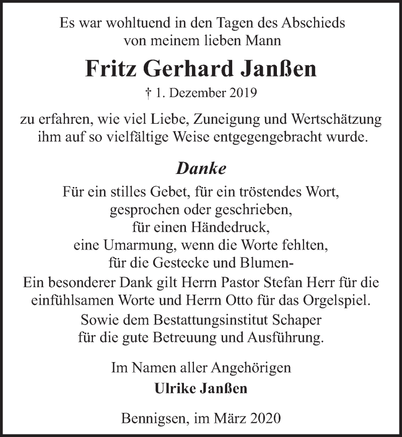  Traueranzeige für Fritz Gerhard Janßen vom 04.03.2020 aus 