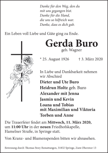 Traueranzeige von Gerda Buro von Neue Deister-Zeitung
