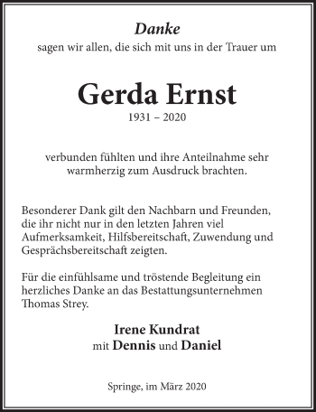 Traueranzeige von Gerda Ernst von Neue Deister-Zeitung