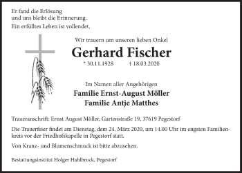 Traueranzeige von Gerhard Fischer von Deister- und Weserzeitung