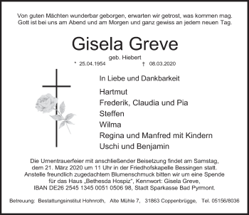 Traueranzeige von Gisela Greve von Deister- und Weserzeitung