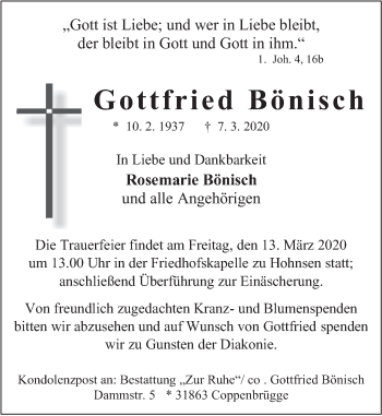 Traueranzeige von Gottfried Bönisch von Deister- und Weserzeitung