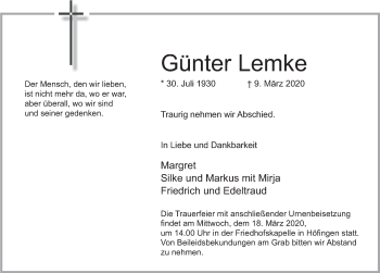 Traueranzeige von Günter Lemke von Deister- und Weserzeitung