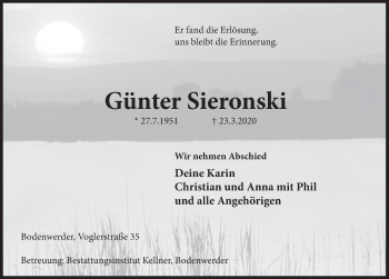 Traueranzeige von Günter Sieronski von Deister- und Weserzeitung