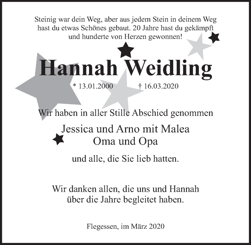  Traueranzeige für Hannah Weidling vom 25.03.2020 aus 