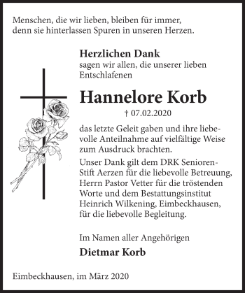 Traueranzeige von Hannelore Korb von Deister- und Weserzeitung