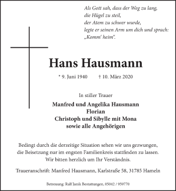 Traueranzeige von Hans Hausmann von Neue Deister-Zeitung