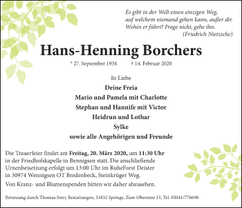 Traueranzeige von Hans-Henning Borchers 