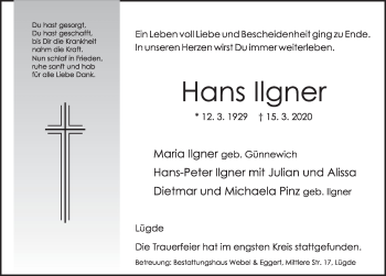 Traueranzeige von Hans Ilgner von Deister- und Weserzeitung