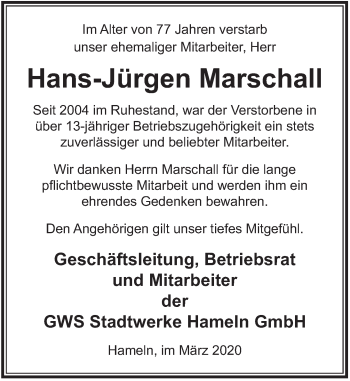 Traueranzeige von Hans-Jürgen Marschall von Deister- und Weserzeitung