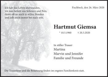 Traueranzeige von Hartmut Giemsa von Deister- und Weserzeitung