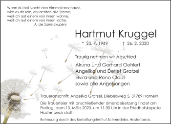Traueranzeige von Hartmut Kruggel von Deister- und Weserzeitung