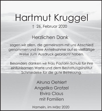 Traueranzeige von Hartmut Kruggel von Deister- und Weserzeitung