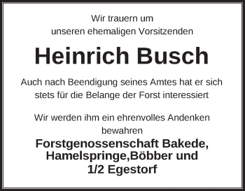 Traueranzeige von Heinrich Busch von Neue Deister-Zeitung