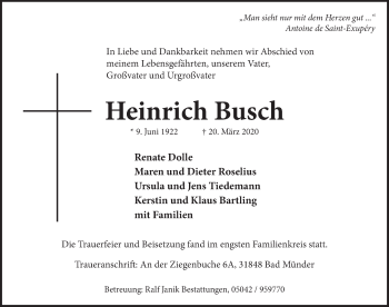 Traueranzeige von Heinrich Busch von Neue Deister-Zeitung