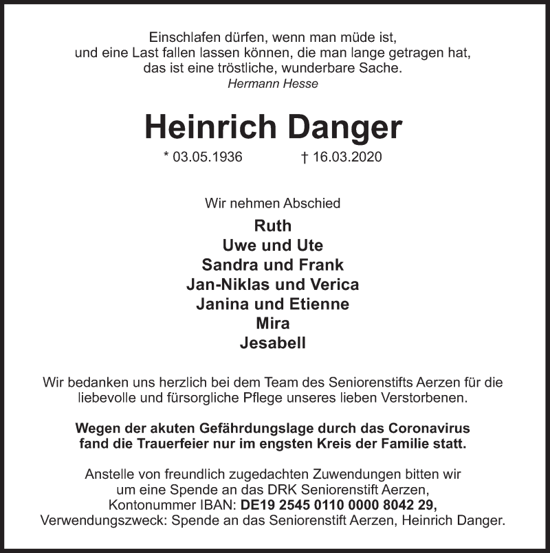  Traueranzeige für Heinrich Danger vom 21.03.2020 aus Deister- und Weserzeitung