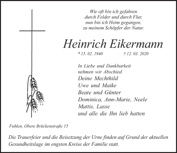 Traueranzeige von Heinrich Eikermann von Deister- und Weserzeitung