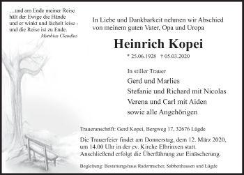 Traueranzeige von Heinrich Kopei von Deister- und Weserzeitung