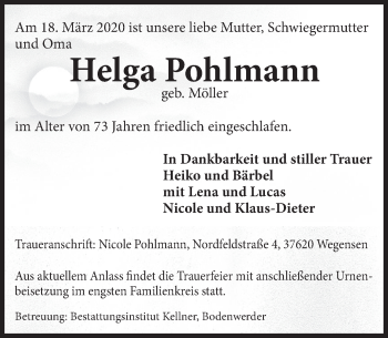 Traueranzeige von Helga Pohlmann von Deister- und Weserzeitung