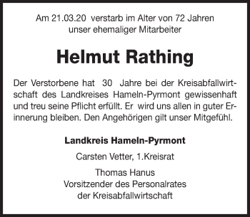 Traueranzeige von Helmut Rathing von Deister- und Weserzeitung