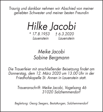 Traueranzeige von Hilke Jacobi von Deister- und Weserzeitung