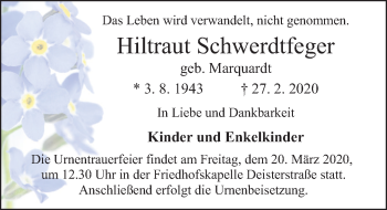 Traueranzeige von Hiltraut Schwerdtfeger von Deister- und Weserzeitung