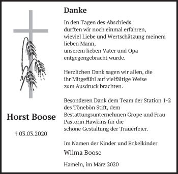 Traueranzeige von Horst Boose von Deister- und Weserzeitung