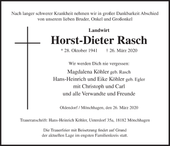 Traueranzeige von Horst-Dieter Rasch von Deister- und Weserzeitung