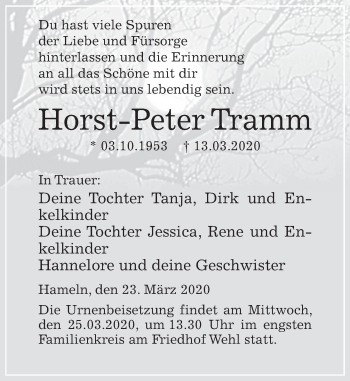 Traueranzeige von Horst-Peter Tramm von Deister- und Weserzeitung