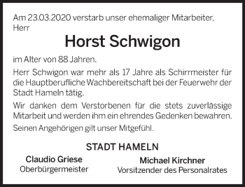 Traueranzeige von Horst Schwigon von Deister- und Weserzeitung