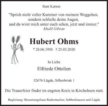 Traueranzeige von Hubert Ohms von Deister- und Weserzeitung