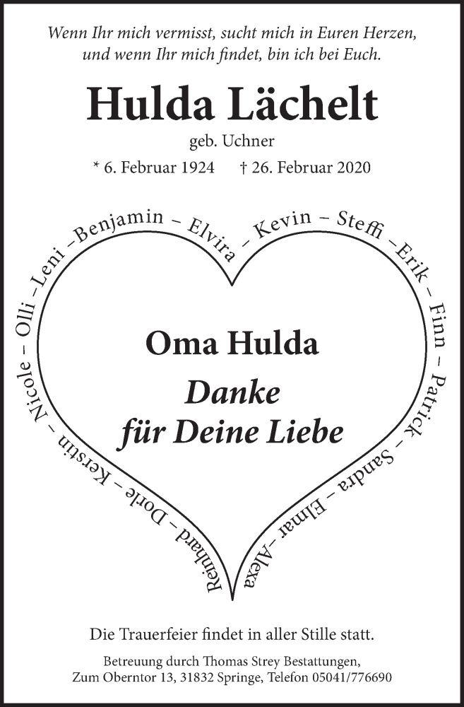  Traueranzeige für Hulda Lächelt vom 11.03.2020 aus 