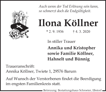 Traueranzeige von Ilona Köllner von Neue Deister-Zeitung