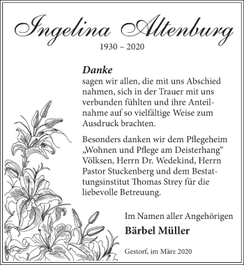 Traueranzeige von Ingelina Altenburg von Neue Deister-Zeitung
